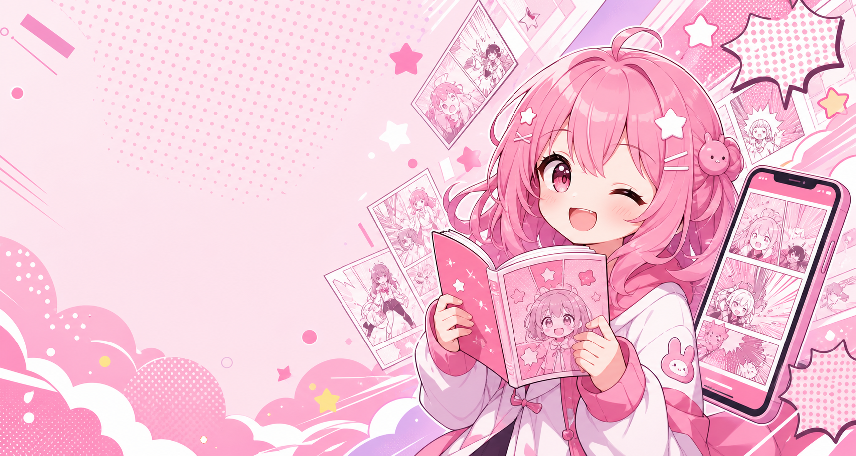 粉色漫画风哔咔漫画阅读横幅图